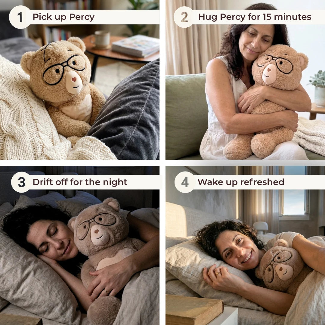 A four-panel collage showing a woman interacting with a teddy bear in different scenes: picking it up on a couch, hugging it for 15 minutes, drifting off to sleep with it, and waking up refreshed with it. The bear is light brown with black glasses.