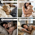 A four-panel collage showing a woman interacting with a teddy bear in different scenes: picking it up on a couch, hugging it for 15 minutes, drifting off to sleep with it, and waking up refreshed with it. The bear is light brown with black glasses.