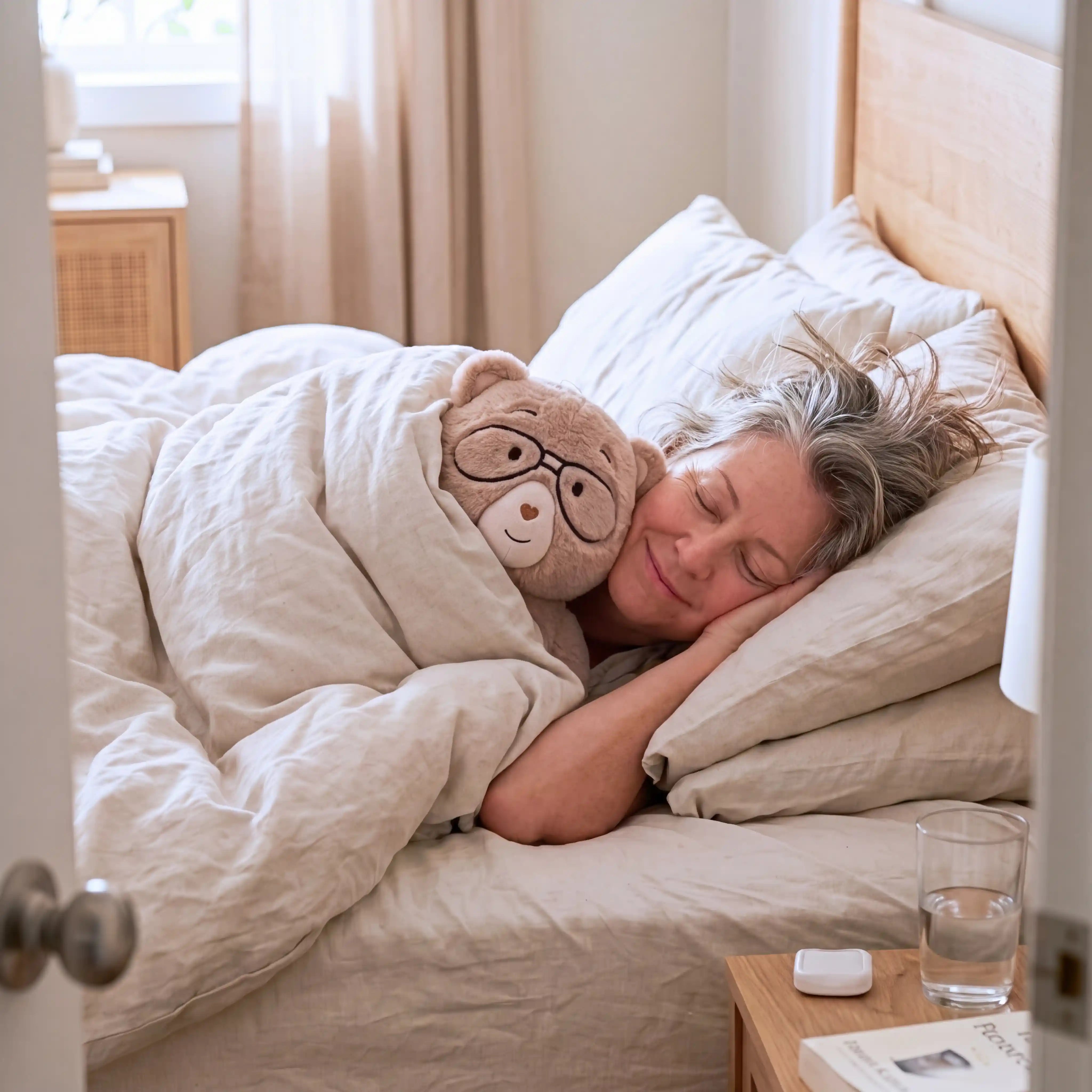 Woman sleeping in bed with a Percy bear wearing glasses, surrounded by soft bedding.