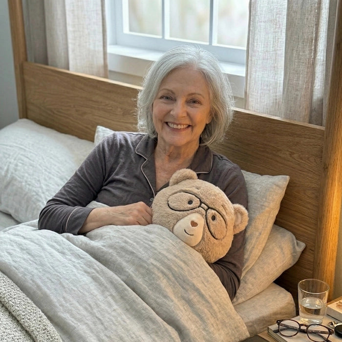 Woman sitting on a bed holding a teddy bear, smiling at the camera.