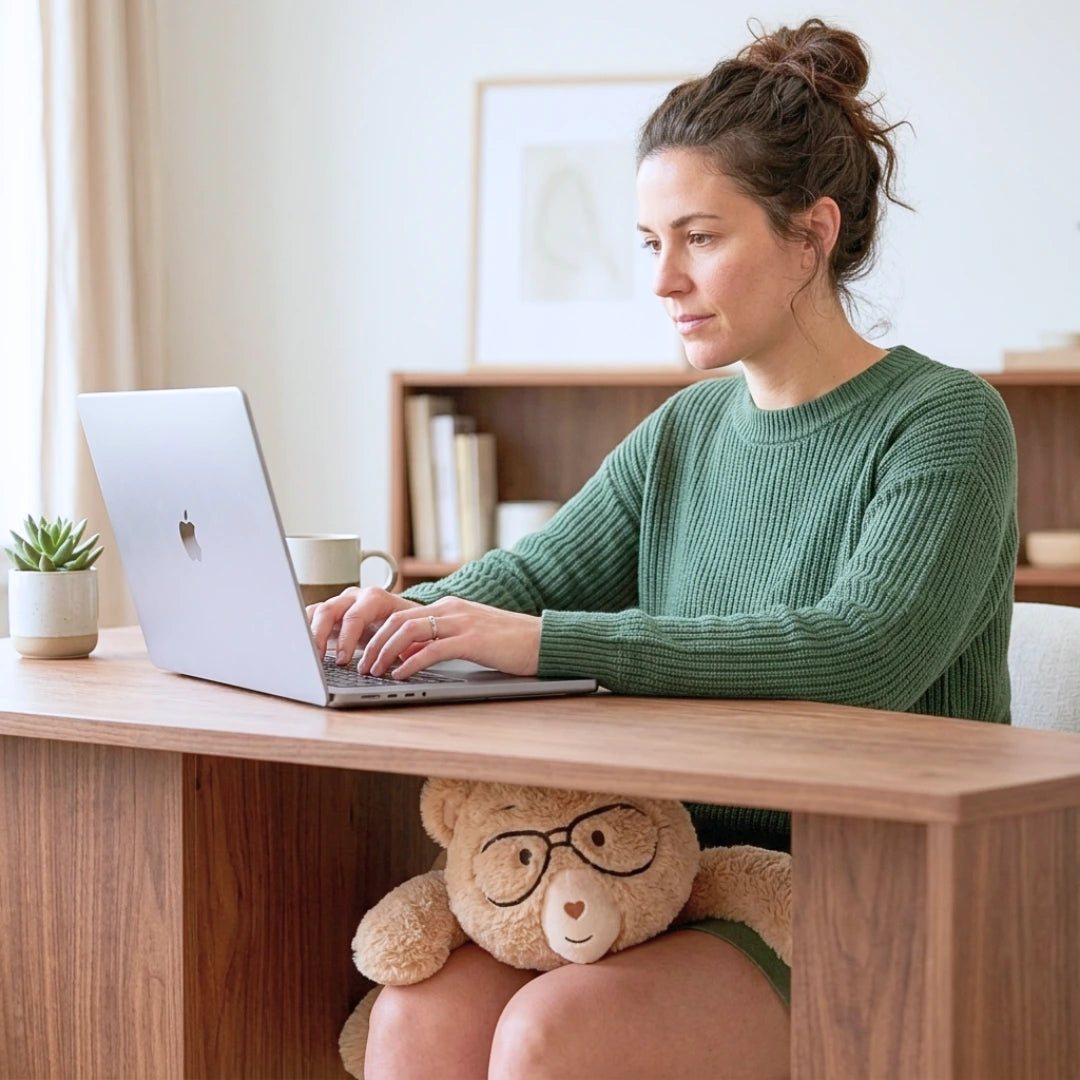 A woman in a green ribbed sweater sits at a wooden desk typing on a silver laptop. Percy the 5 lb comfort bear is wearing glasses sits under the desk, and a small potted plant and mug are on the desk beside her.