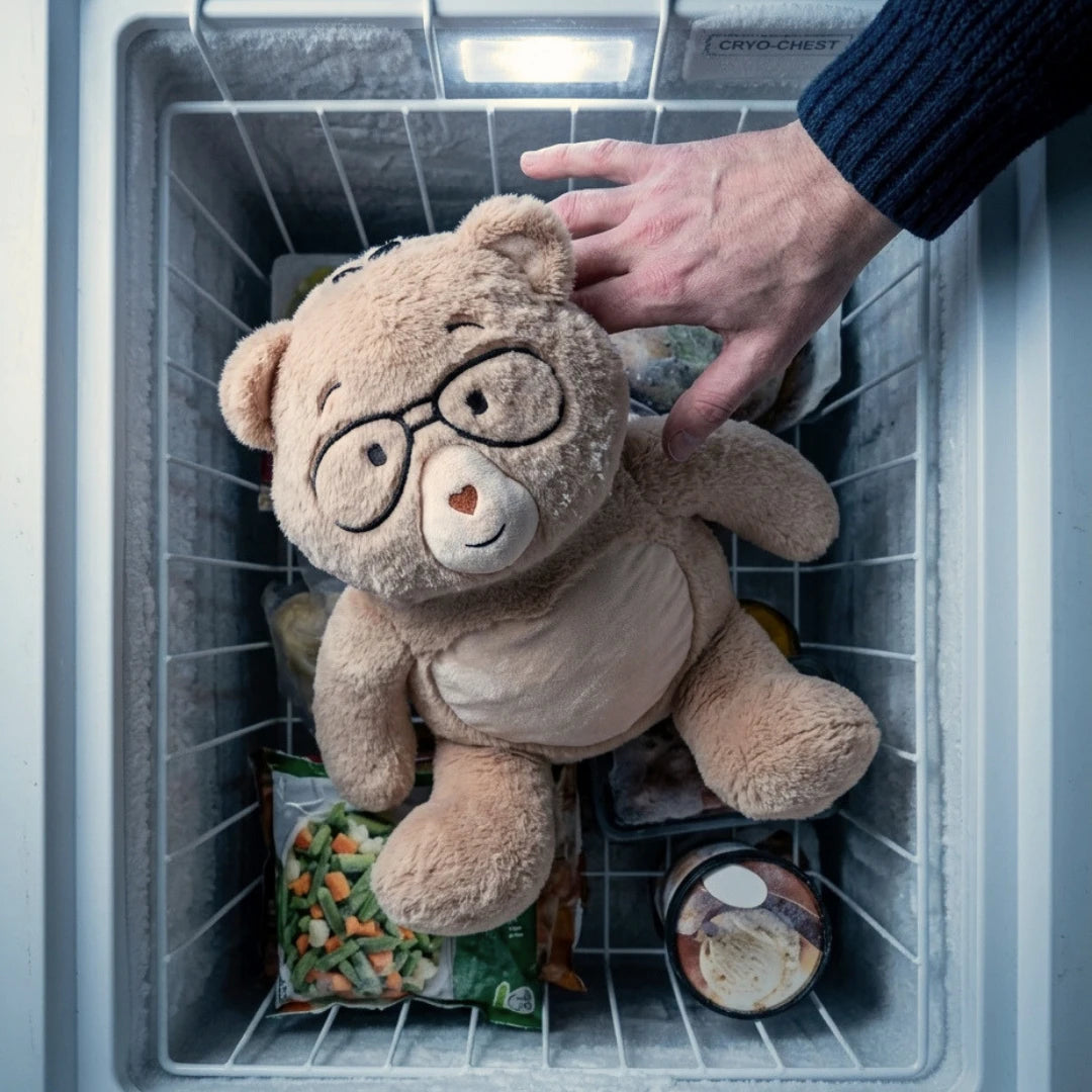 A plush teddy bear wearing round black glasses sits in a freezer drawer inside a white CryoChester chest, with a human hand reaching toward it. Frozen vegetables and a canister are visible around it.