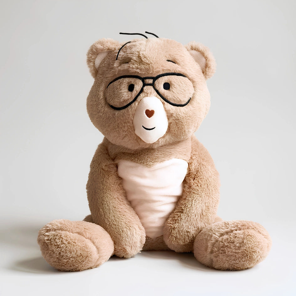 Percy the 5 lb comfort bear sitting upright against a light gray studio background. The bear is tan with a cream belly patch, embroidered black glasses, and a small brown heart on its nose.