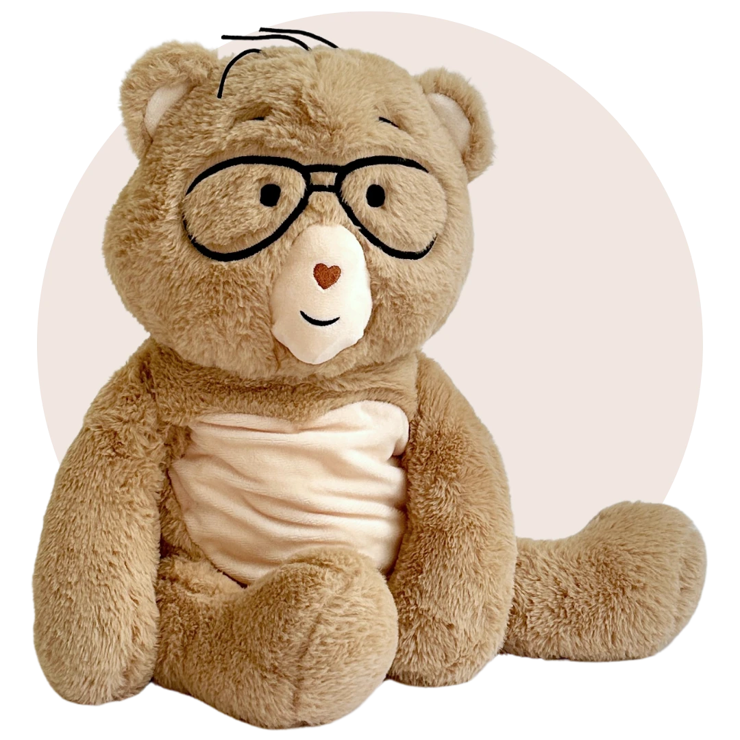 Percy bear wearing glasses on a white background