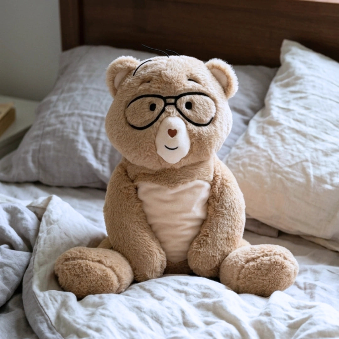 Percy, the weighted comfort bear, sitting on slept-in bed with grey and white sheets.