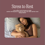 A square promotional graphic with a dusty mauve background and white text reading 'Stress to Rest' and 'VELLE The off-switch for stress.' A centered inset photo shows a woman lying in bed holding a teddy bear.