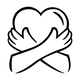 Outline of a heart with crossed hands and a ribbon on a white background