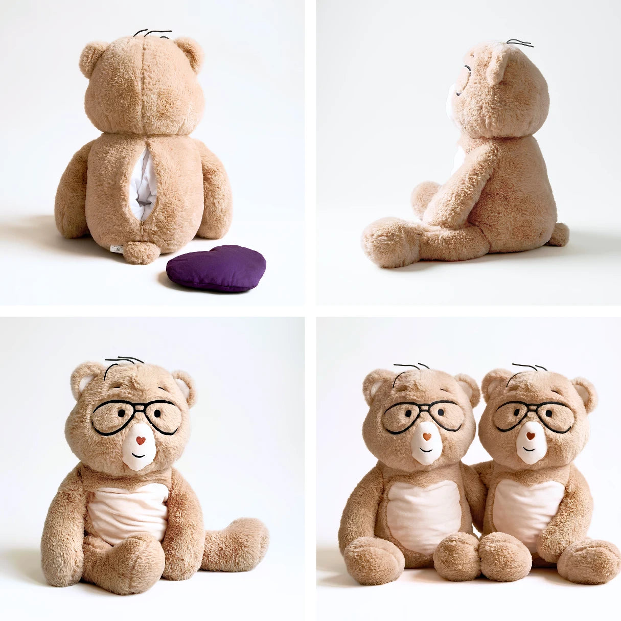 A four-panel product collage showing a plush teddy bear from multiple angles. The bear is light tan with a cream-colored belly, embroidered glasses, and a small stitched smile.