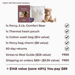 Percy Better Sleep Bundle promotional graphic on a light gray background, showing included items and pricing text: a percy comfort bear, a drawstring bag, a stress to rest guide, a heart-shaped pouch, and a small bag charm, with a checklist of included items and shipping savings.