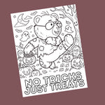 A black and white Halloween-themed coloring page featuring a teddy bear wearing glasses and a patchwork shirt, surrounded by pumpkins, ghosts, bats, and a tombstone, with the text 'NO TRICKS JUST TREATS' at the bottom. The page is shown at an angle against a solid dark mauve background.