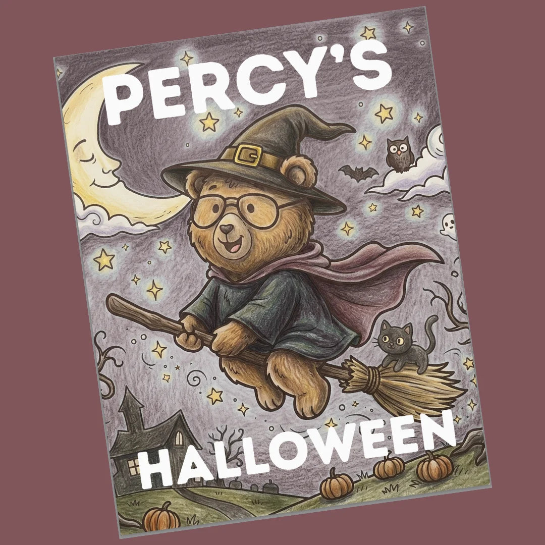 A square art print or book cover featuring a whimsical Halloween illustration of a teddy bear wearing a witch hat and cape, flying on a broomstick with pumpkins, a haunted house, stars, and the text 'PERCY'S HALLOWEEN' on a muted mauve background.