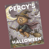 A square art print or book cover featuring a whimsical Halloween illustration of a teddy bear wearing a witch hat and cape, flying on a broomstick with pumpkins, a haunted house, stars, and the text 'PERCY'S HALLOWEEN' on a muted mauve background.