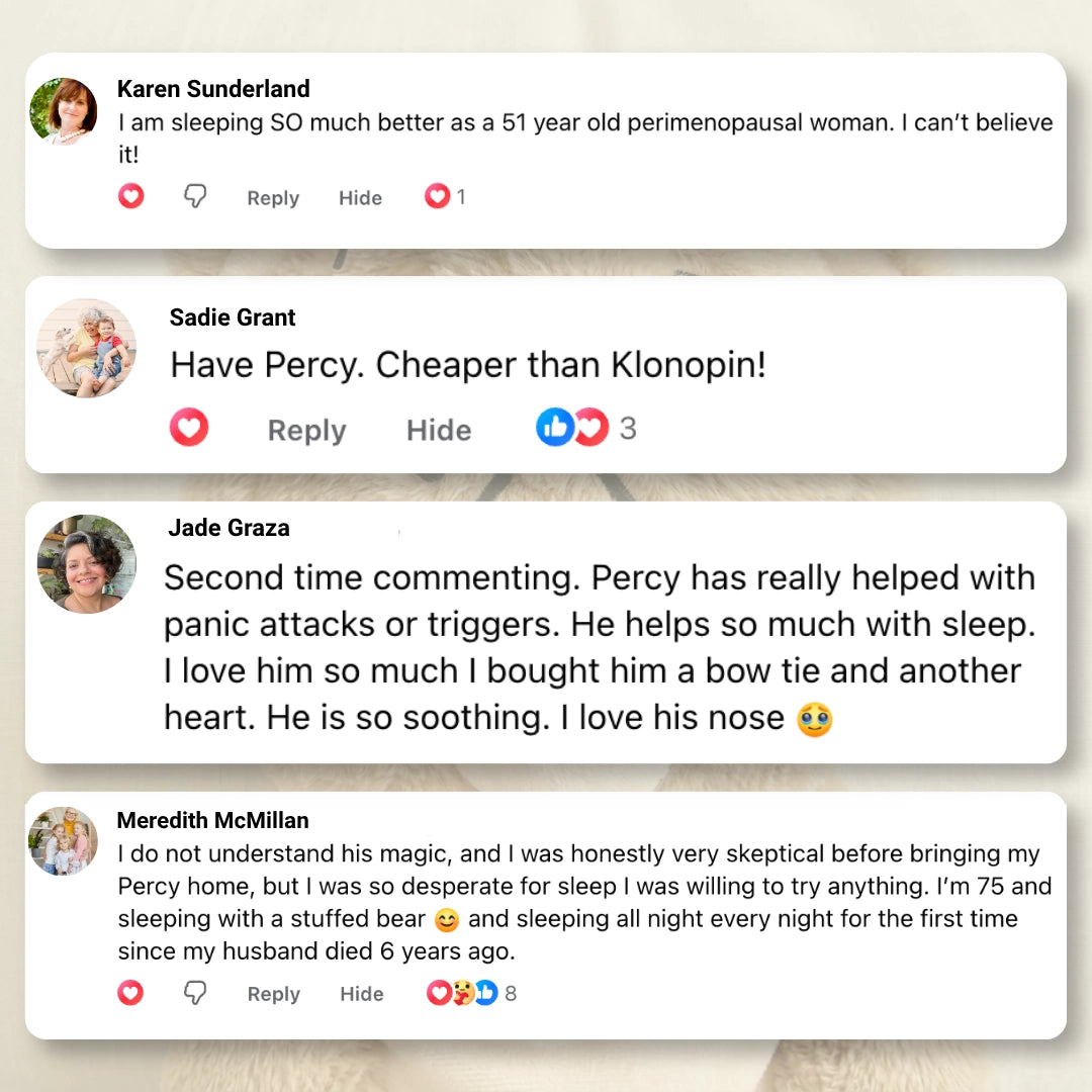 A screenshot-style collage of four social media comments on a light neutral background. The comments mention a product called Percy in the context of sleep aids, with user names Karen Sunderland, Sadie Grant, Jade Graza, and Meredith McMillan visible.