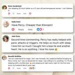 A screenshot-style collage of four social media comments on a light neutral background. The comments mention a product called Percy in the context of sleep aids, with user names Karen Sunderland, Sadie Grant, Jade Graza, and Meredith McMillan visible.