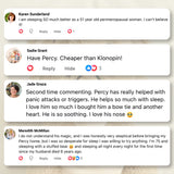 A screenshot-style collage of four social media comments on a light neutral background. The comments mention a product called Percy in the context of sleep aids, with user names Karen Sunderland, Sadie Grant, Jade Graza, and Meredith McMillan visible.