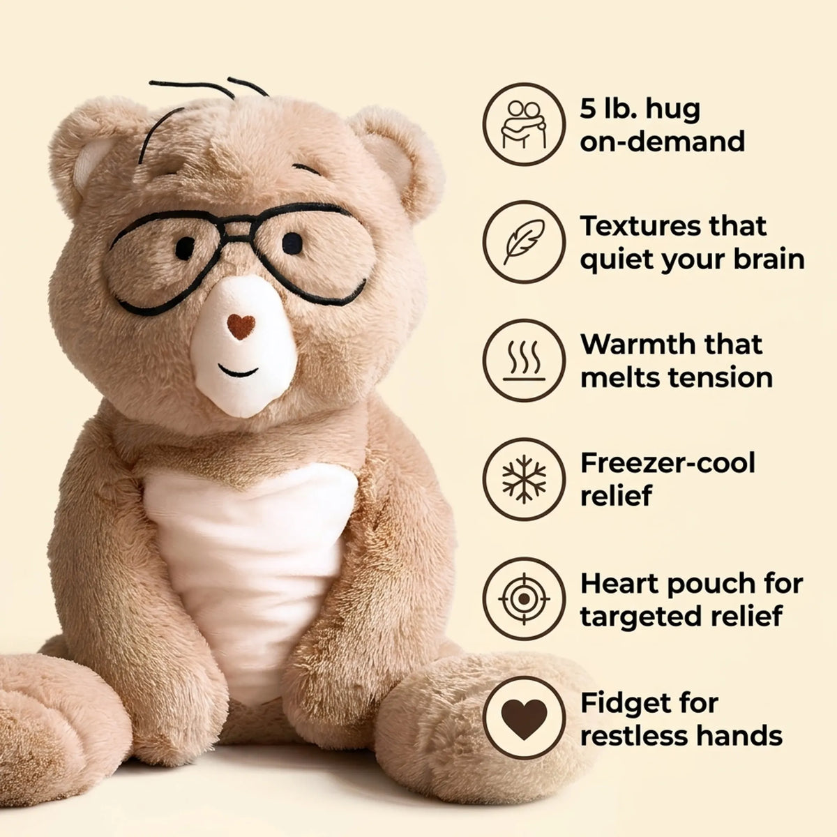 Infographic showing Percy the 5 lb. hug bear on the left and the sensory benefits on the right.