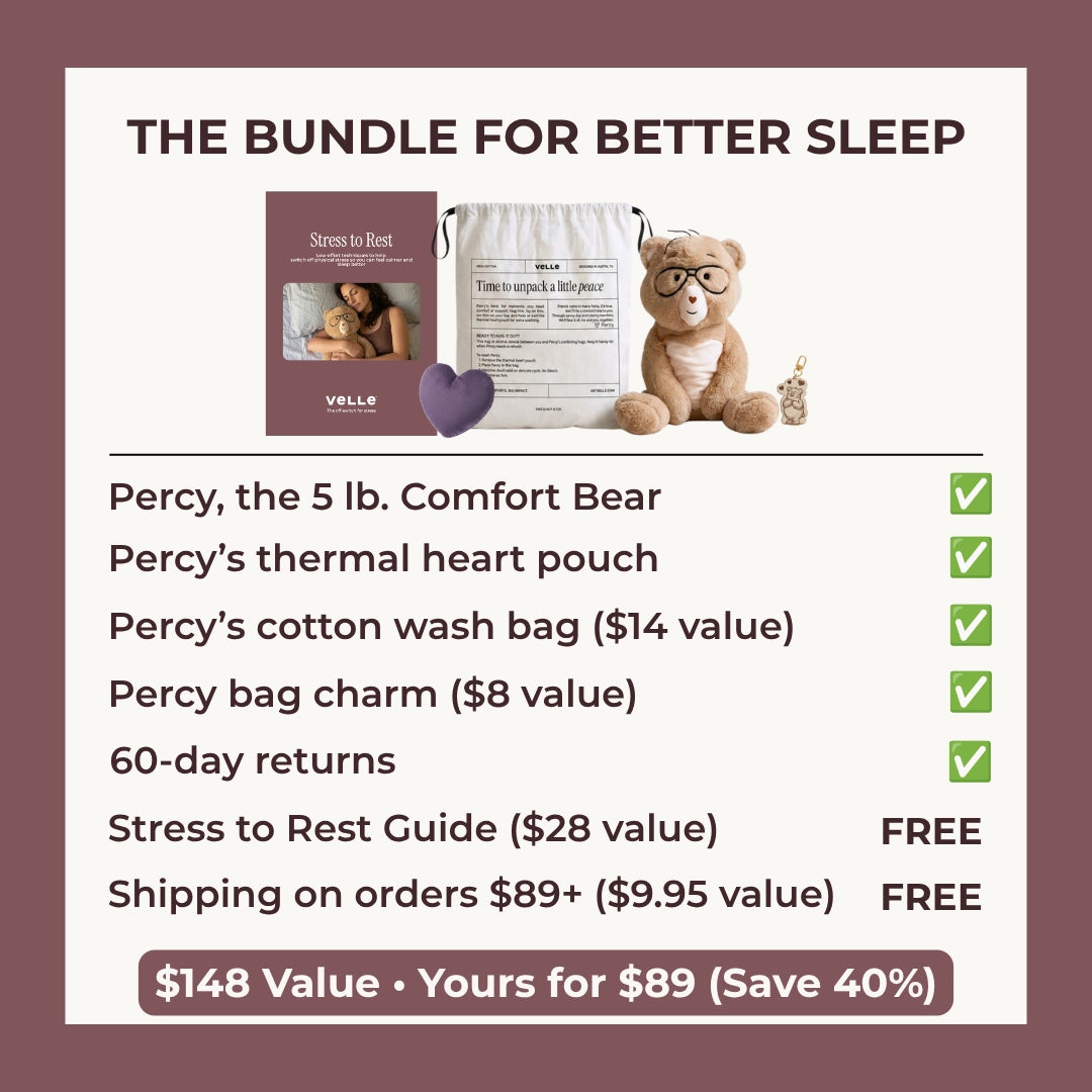 Promotional graphic for a sleep bundle titled 'THE BUNDLE FOR BETTER SLEEP' on a cream background with a muted mauve border. The bundle includes a teddy bear labeled 'Percy, the 5 lb.