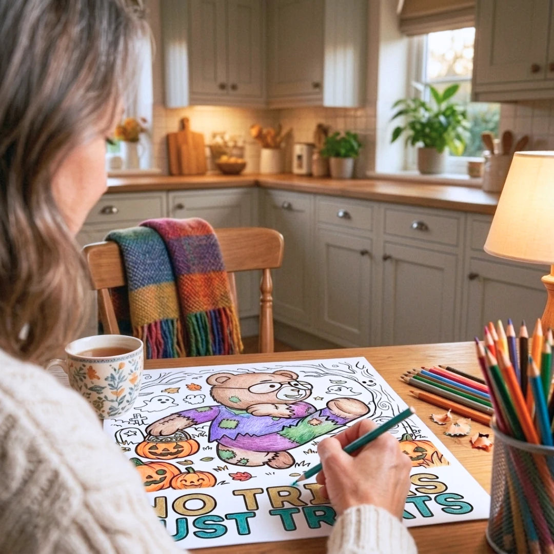 A woman sits at a wooden table in a bright kitchen, coloring a cartoon teddy bear Halloween treat sheet with a green pencil. A mug, a colorful knit blanket on a chair, and a cup of colored pencils are visible on the table.